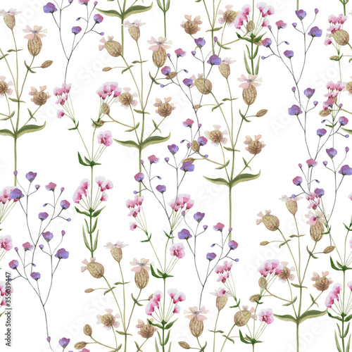 Field grasses and flowers seamless pattern
