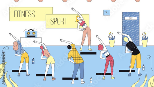 Concept Of Fitness, Health care And Active Sport. Group Of People Exercise In Gym Looking At Trainer. Characters Are Taking Fit Classes Together. Cartoon Linear Outline Flat Style Vector Illustration