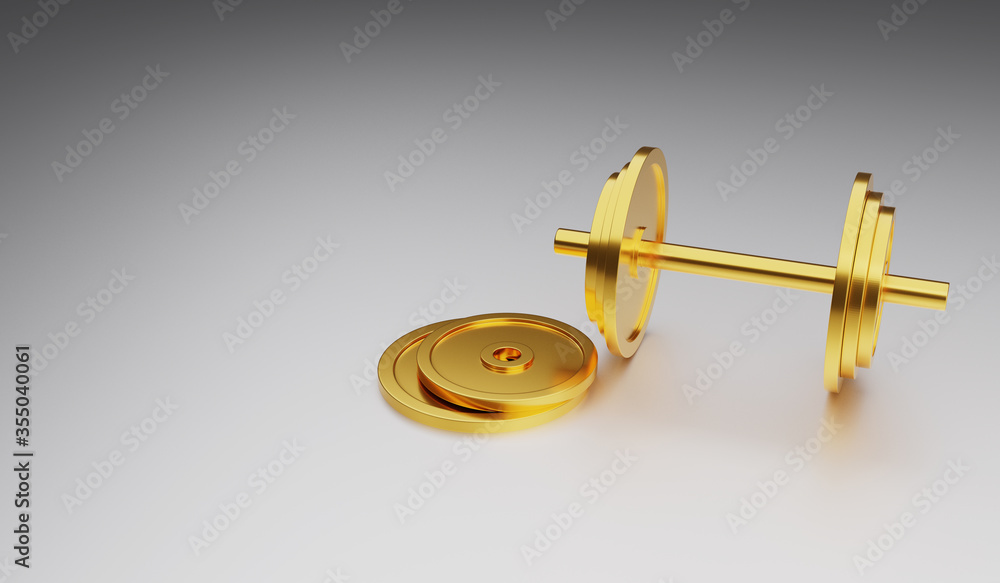 Golden rich dumbbells - because money is power. 3D render Golden rich dumbbells - because money is power. 3D render