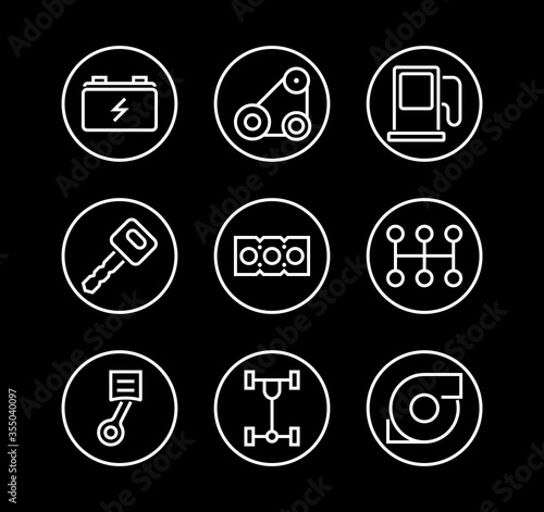 A simple set of car services related vector line icons. Contains icons such as oil, diagnostics, turbine, steering wheel, chassis, gearbox and much more. Editable move. 480x480 On a white background photo