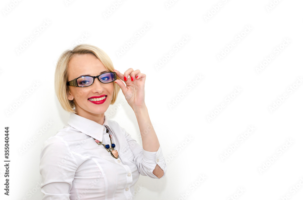 Successful business lady in a white shirt isolated on white background