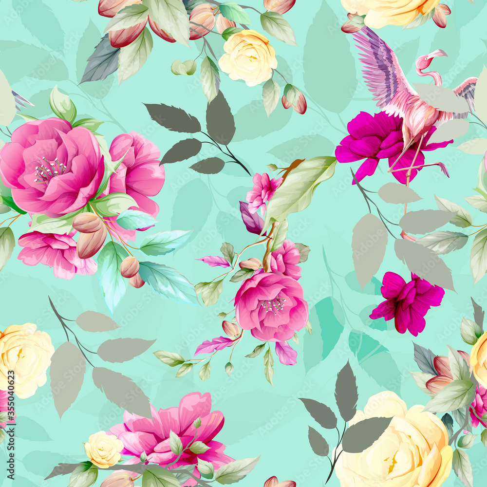 Seamless floral background pattern. Branсhes with flowers, leaf and flamingo. Abstract artwork for textile, fabric and other prints purpose. Hand drawn vector - stock.