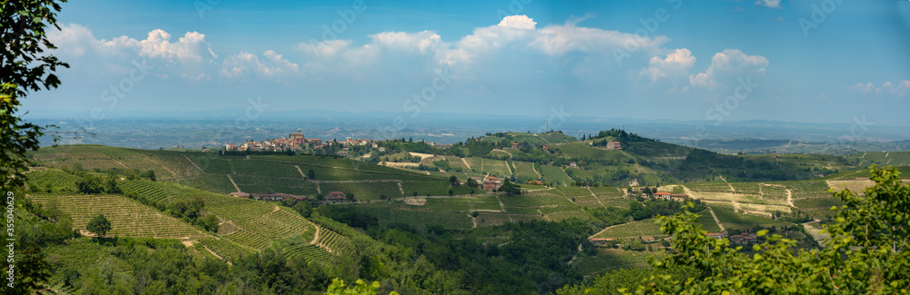 Mango town, langhe region, piedmont, Italy. Panoramic wide view over langhe vineyards