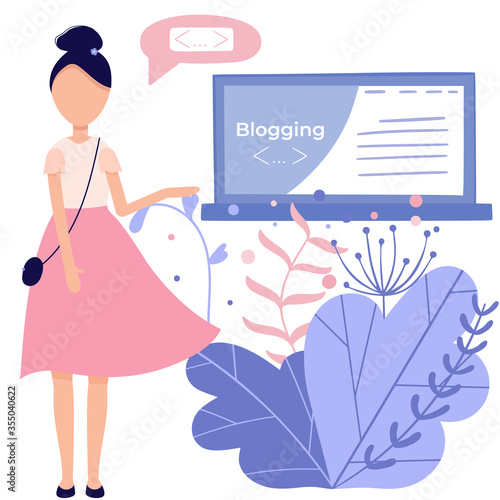 Blogger girl, freelancer woman. Video channel website, new content technology. Blogging miniature vector illustration.