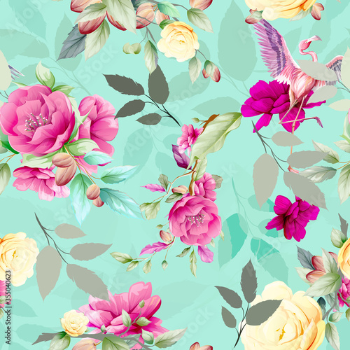 Seamless floral background pattern. Bran  hes with flowers  leaf and flamingo. Abstract artwork for textile  fabric and other prints purpose. Hand drawn vector - stock.