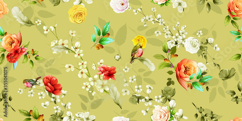 Wide vintage seamless background pattern. Sakura, wild flowers with bird (red breasted petroika) and leaf on pastel. Abstract, hand drawn, vector - stock.