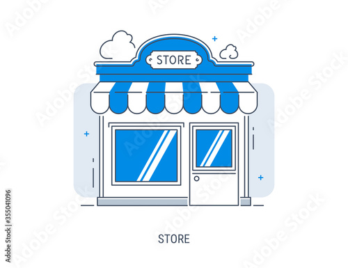 Shop facade flat line art design vector illustration, small retail shop building front view isolated on white background