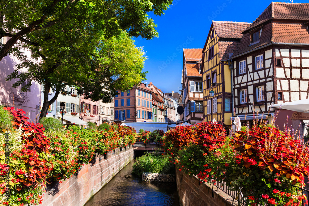 France travel. Most beautiful and colourful towns. Colmar in Alsace region with charming canals.