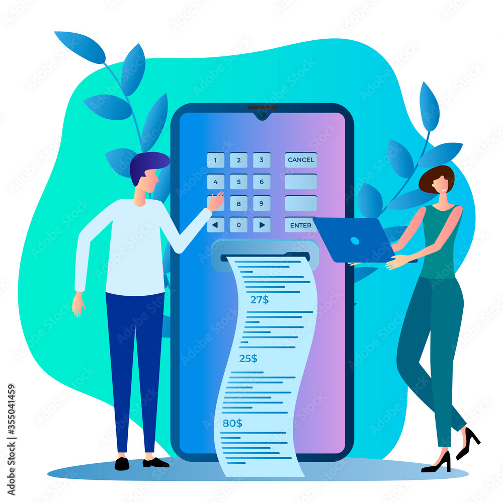 Fototapeta Online transaction.People received an electronic receipt using their smartphone. Online shopping.Customer service.Concept of electronic payment invoices.Flat vector illustration.