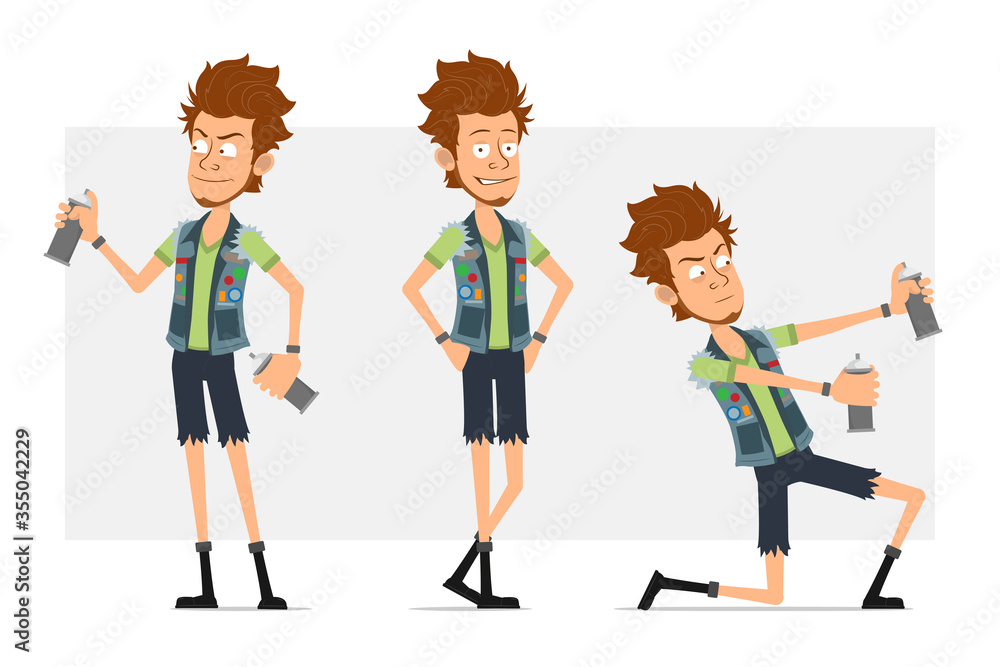 Cartoon flat funny bearded hipster man character in jeans shorts and jerkin. Ready for animation. Boy working with spray paint can and posing on photo. Isolated on gray background. Vector icon set. Cartoon flat funny bearded hipster man character in jeans shorts and jerkin. Ready for animation. Boy working with spray paint can and posing on photo. Isolated on gray background. Vector icon set.