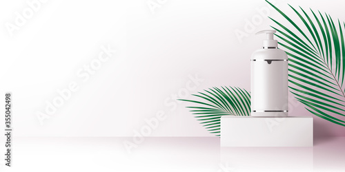 Vector blank dispenser bottle standing on the podium on bright background. Stylish environment for ads, discount. banner, presentation, cosmetic product promotion.