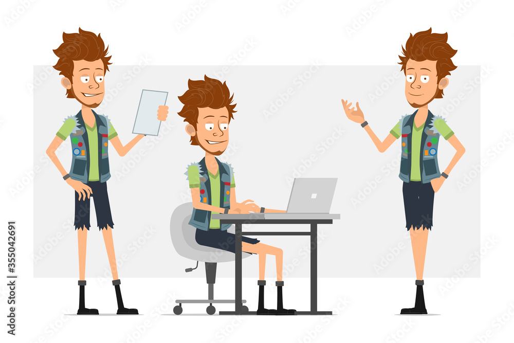 Cartoon flat funny bearded hipster man character in jeans shorts and jerkin. Ready for animation. Boy posing, working on laptop and reading paper note. Isolated on gray background. Vector icon set. Cartoon flat funny bearded hipster man character in jeans shorts and jerkin. Ready for animation. Boy posing, working on laptop and reading paper note. Isolated on gray background. Vector icon set.