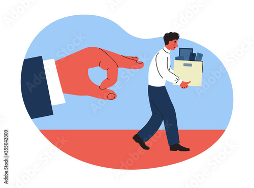 the boss fires the employee. job loss, dismissal. trendy flat vector illustration. the impact of the economic crisis on business. the fired person collects things and leaves the office. 