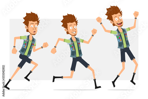 Cartoon flat funny bearded hipster man character in jeans shorts and jerkin. Ready for animation. Boy walking, running and jumping. Isolated on gray background. Vector icon set.