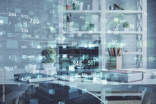 Double exposure of data theme drawing and office interior background. Concept of technology.