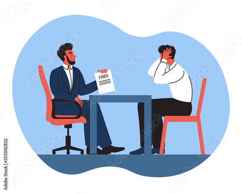 the boss fires the employee. job loss, dismissal. trendy flat vector illustration. the impact of the economic crisis on business. difficult conversation with the boss.