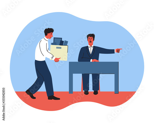 the boss fires the employee. job loss, dismissal. trendy flat vector illustration. the impact of the economic crisis on business. the fired person collects things and leaves the office. 
