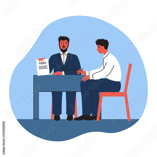 the boss fires the employee. job loss, dismissal. trendy flat vector illustration. the impact of the economic crisis on business. difficult conversation with the boss.