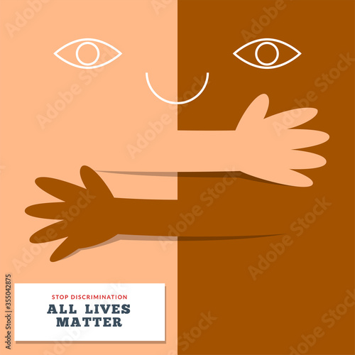 an abstract illustration of white and black skin color hand holding each other. Isolated Vector Illustration.
