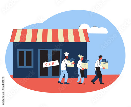 dismissed cooks, waiters, and bartenders pack up and leave the closed restaurant. job loss. the impact of the economic crisis on business. vector trend flat illustration