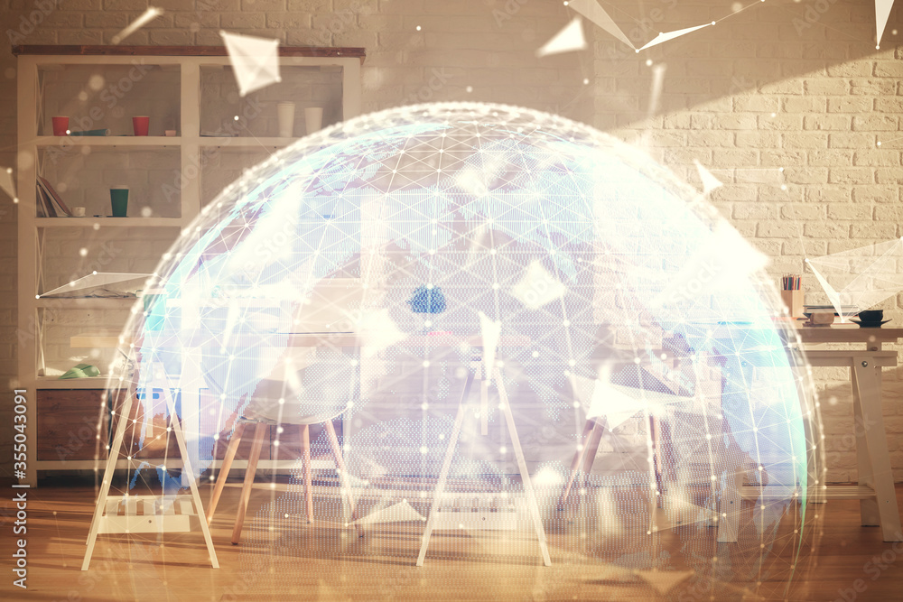 Double exposure of business theme drawing and office interior background. Concept of success Double exposure of business theme drawing and office interior background. Concept of success