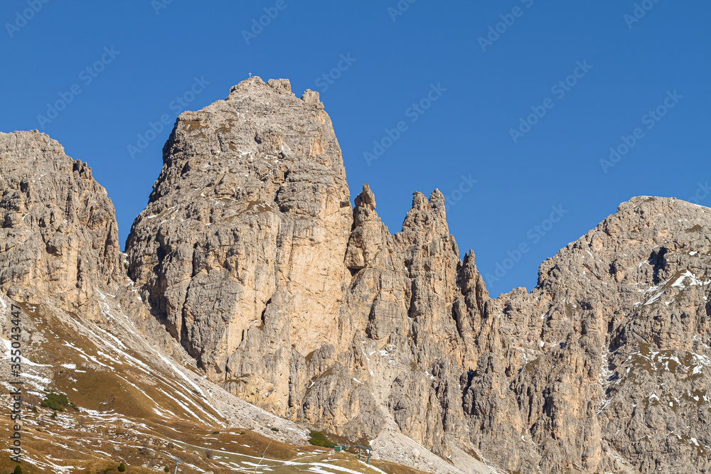 Cirspitzen Dolomites mountain range in Val Gardena in Italy