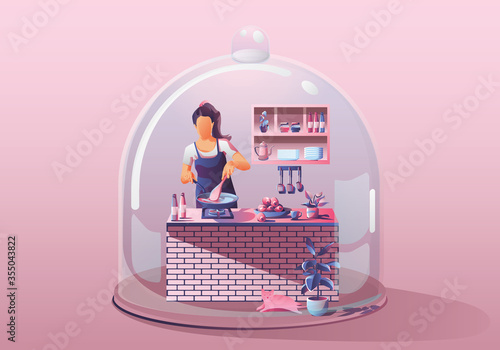 Young Woman Staying at home. preparing Food and cooking  Surrounded by many kitchenware. Miniature house. Stay home and stay safe with social distancing. Quarantine concept COVID-19 Vector 