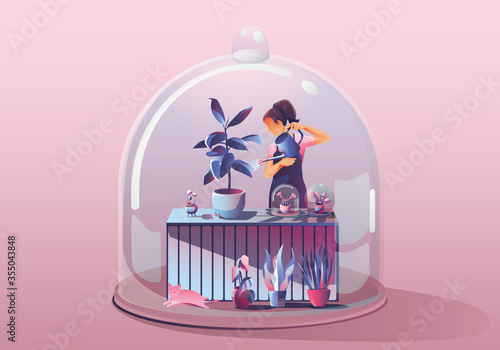 Young Woman Staying at home. gardening watering the plants. Surrounded by many plants. Miniature house. Stay home and stay safe with social distancing. Quarantine concept COVID-19 Vector Illustration