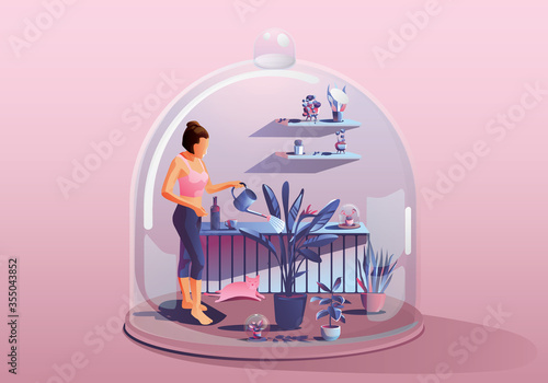 Young Woman Staying at home. gardening watering the plants. Surrounded by many plants. Miniature house. Stay home and stay safe with social distancing. Quarantine concept COVID-19 Vector Illustration