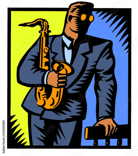 Jazz Saxophone Player Woodcut Style Illustration