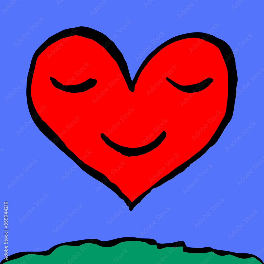 Red heart smiling. Face with smile emoji icon. Sketch drawing was drawn with brush and ink. Recolorable shape isolated from background. Vector illustration is a graphic element for artistic design. Red heart smiling. Face with smile emoji icon. Sketch drawing was drawn with brush and ink. Recolorable shape isolated from background. Vector illustration is a graphic element for artistic design.