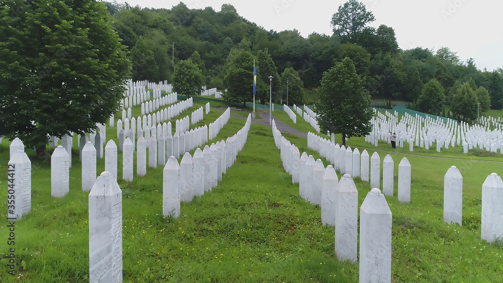 Srebrenica, Bosnia-Herzegovina, June 01 2020: Srebrenica-Potocari memorial and cemetery for the victims of the 1995 massacre, wide angle