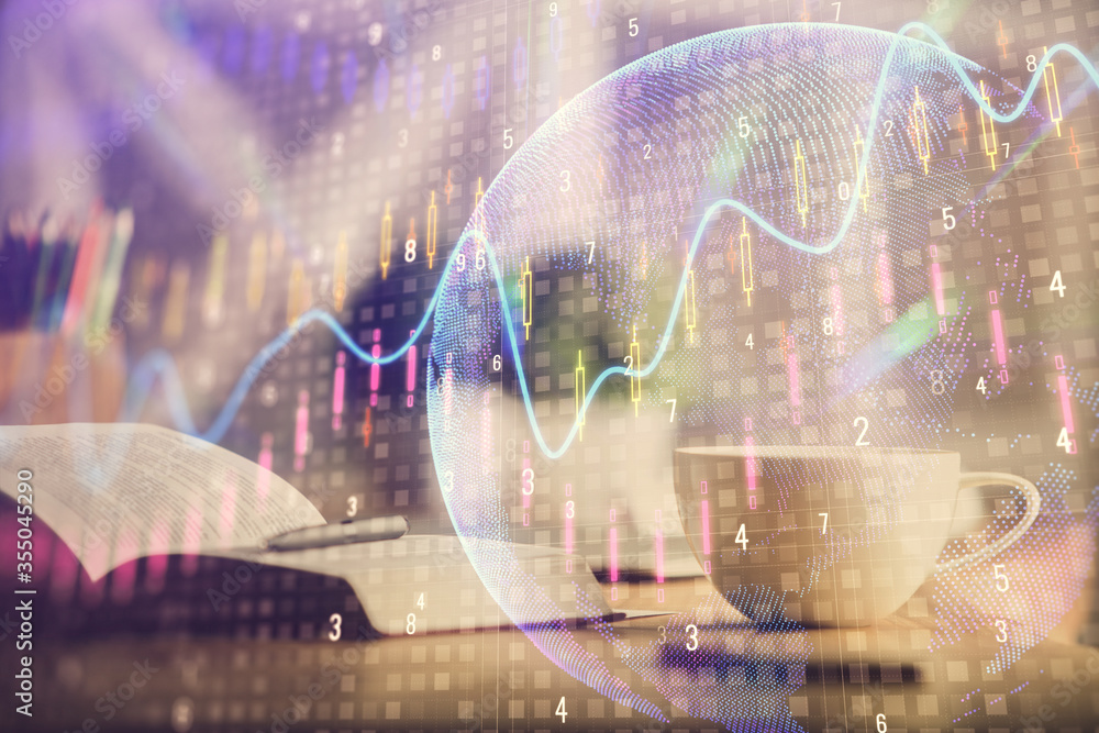 Multi exposure of forex graph drawing and desktop with coffee and items on table background. Concept of financial market trading Multi exposure of forex graph drawing and desktop with coffee and items on table background. Concept of financial market trading