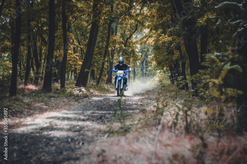 A motorcyclist rides in the woods