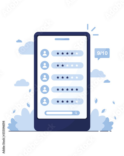 Vector banner illustration of marketing. Phone with a page of reviews about customers, sellers, workers. Search for an employee. Job offer. Grade Template. Member profiles. Blue. Eps 10