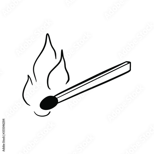 Burning match, hand drawn doodle, simple line drawing sketch illustration, design element. Vector illustration on white background. For cards, posters, decor, t shirt design, logo.