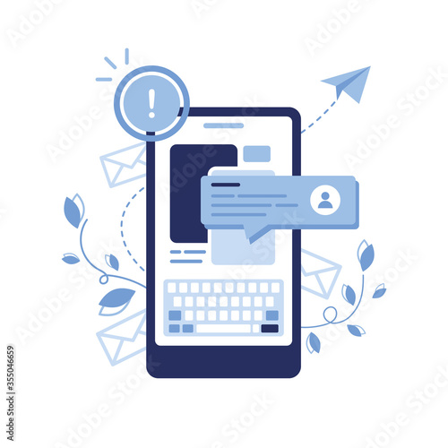 Vector banner illustration of email marketing & message concept. Letter, envelope. Phone Newsletter. Chat Bot, dialogue, sms, communication, user. Pop-up window. Study online. Article. Blue. Eps 10