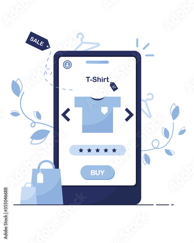 Vector illustration of an online store. Buy via phone. Shop template. T-shirt at a discount. Sell-out. Buy it now. Product review. Five stars. Blue. White background. Order from home. Eps 10