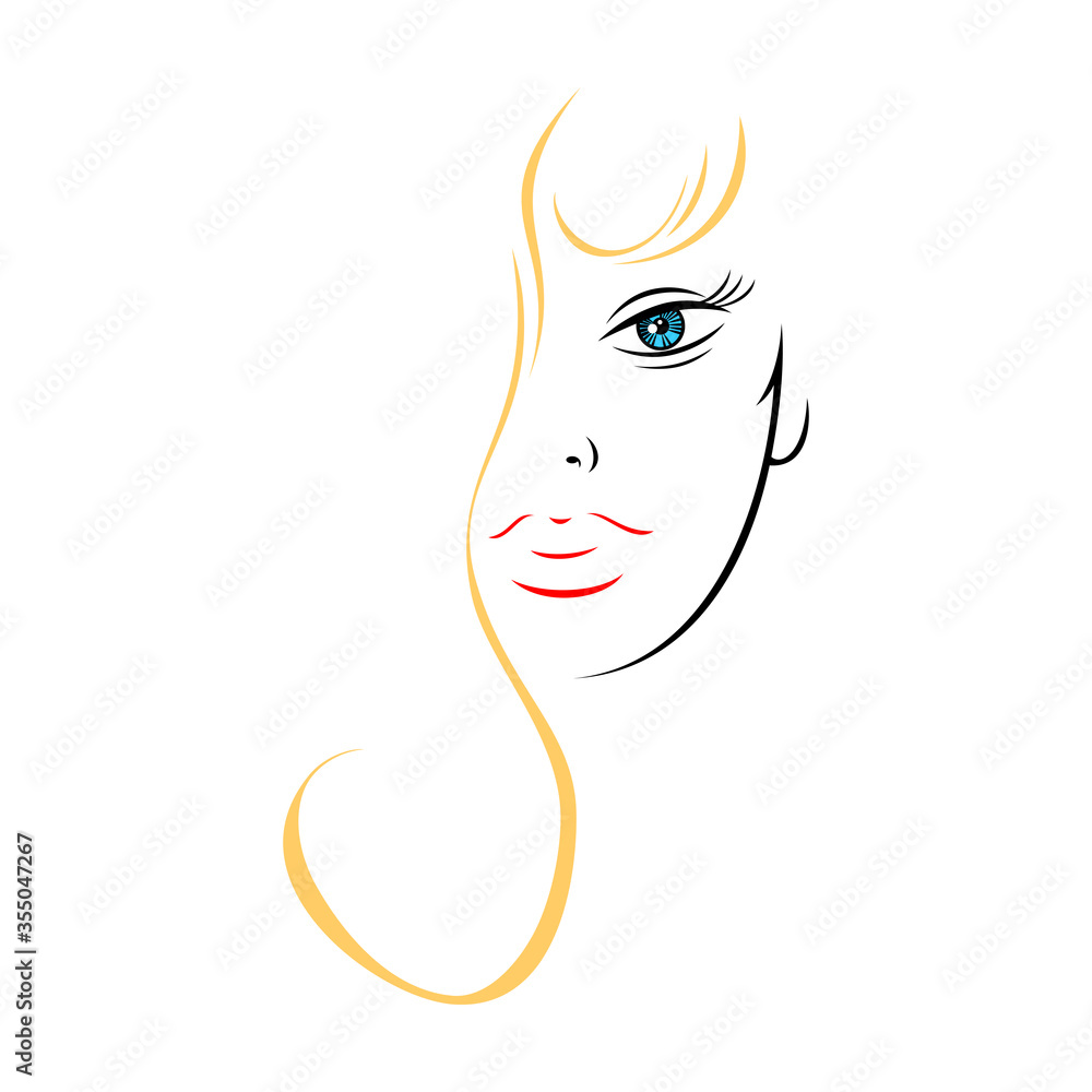 Half female face with long golden hair. Recolorable shape isolated from background. Vector illustration is a graphic element for artistic design. Half female face with long golden hair. Recolorable shape isolated from background. Vector illustration is a graphic element for artistic design.