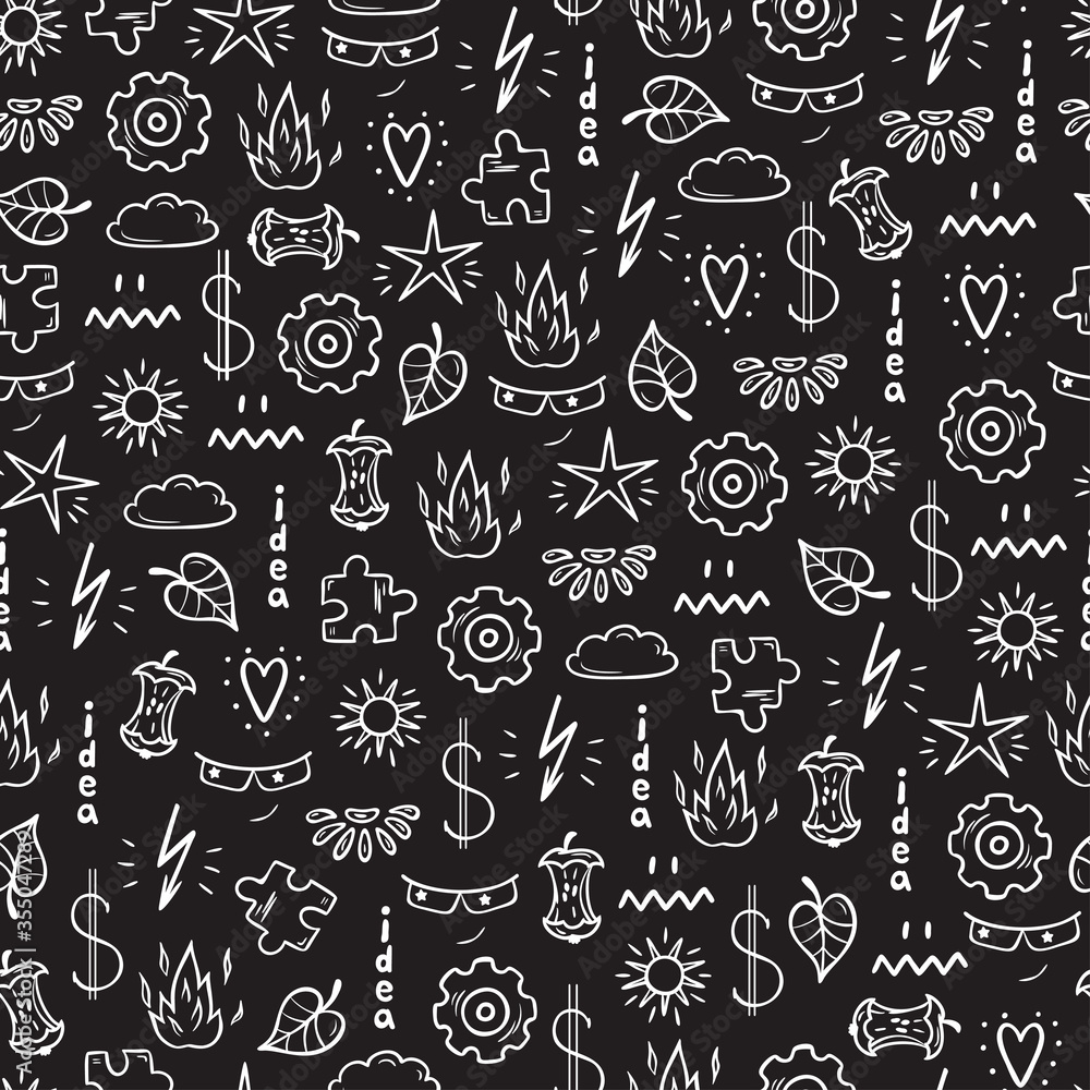 Idea Concept with Various Items Vector Seamless Pattern. Hand drawn doodle Random objects Background
Idea Concept with Various Items Vector Seamless Pattern. Hand drawn doodle Random objects Background