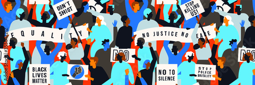Protests across America. People with streamer and signs protesting for Black Lives Matter movement. Concept of protest vector illustration. Seamless pattern.
