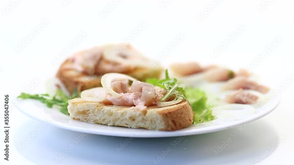 sandwich with salad, herring and herbs with onions in a plate isolated on a white background sandwich with salad, herring and herbs with onions in a plate isolated on a white background
