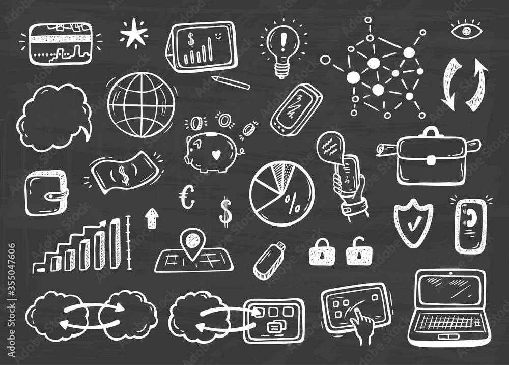 Hand drawn Doodle Internet of Things, Stock market, Cloud Computing Technology, Financial and Business Icons Vector Set
