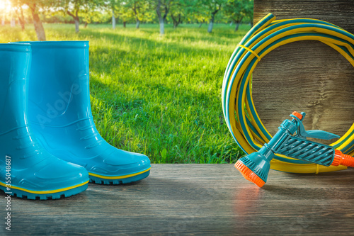 gadening tools in spring sunny garden at sunrise blue rain rubber boots and hose with spray gun photo