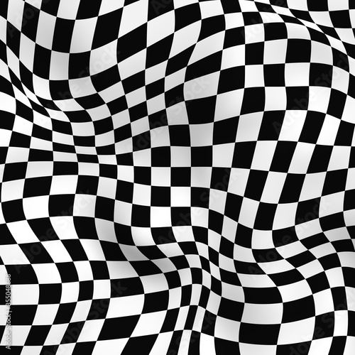 Abstract checkered black and white curved background. Space warp distort abstraction