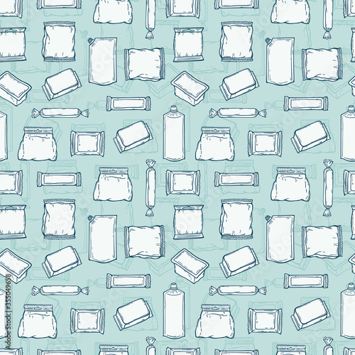 Food Packing. Plastic Packaging Vector Seamless Pattern. Repeating background with with Hand Drawn Sketch Plastic Package for Goods
