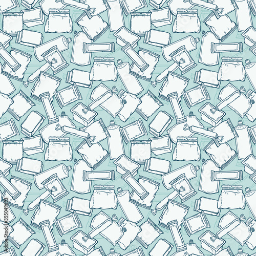 Food Packing. Plastic Packaging Vector Seamless Pattern. Repeating background with with Hand Drawn Sketch Plastic Package for Goods
