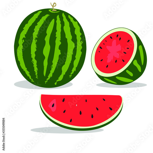 Vector illustration logo for whole ripe red fruit watermelon, green stem, cut half, sliced slice berry with red flesh. Watermelon pattern from natural sweet food. Eat tasty tropical fruits watermelons