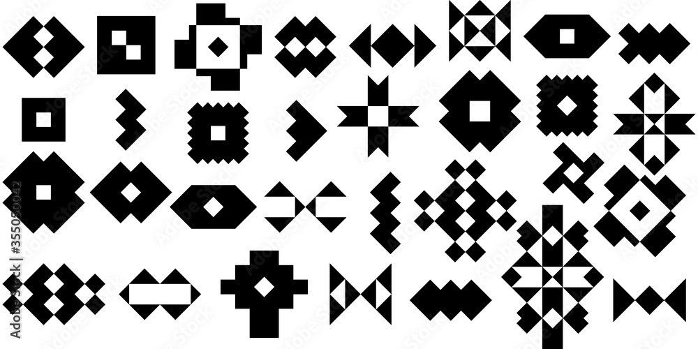Ethnic icons collection. Signs, crests set. Tribal shapes. Folk figures. Geometric forms kit. Geometrical symbols. Elements for design, social media stories, blogs, brand identity. Vectors bundle. - obrazy, fototapety, plakaty 