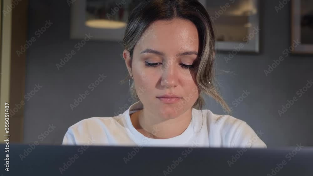 Business Woman With Different Eye Colors In Front Of Laptop, Monitor's Computer Business Woman With Different Eye Colors In Front Of Laptop, Monitor's Computer